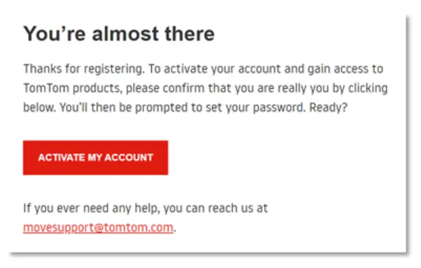 Email notification with TomTom logo showing account activation message and blue 'Activate My Account' button
