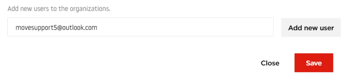 Assign users modal dialog with email input field showing 'user@example.com', Add new user button, and empty list area below
