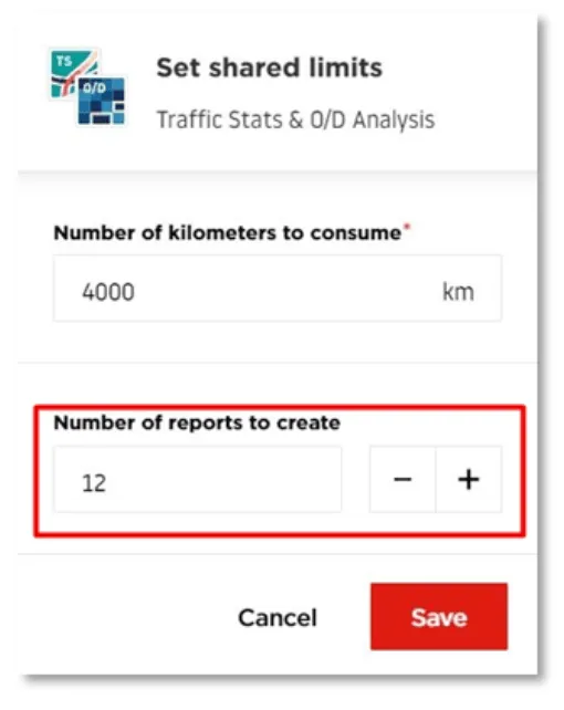 Add TS + OD package modal dialog showing two input fields: Number of kilometers to consume (4000) and Number of reports to create (5)
