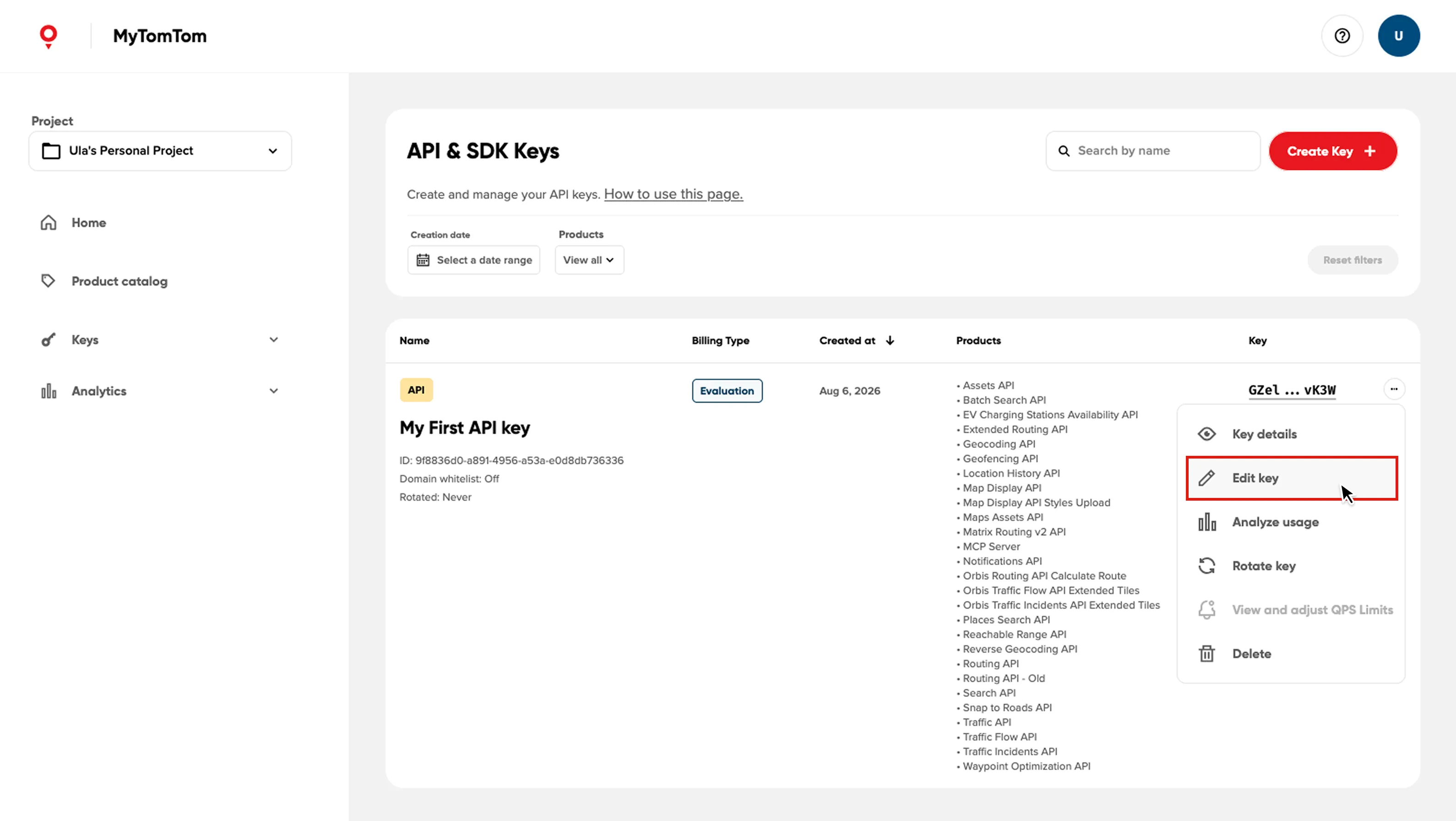 Select API key