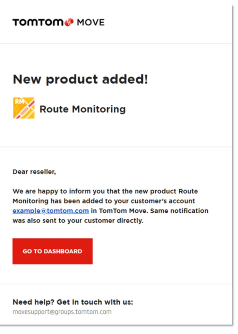 Email notification to distributor showing message that Traffic Stats access has been granted to user@example.com with user details and contract information