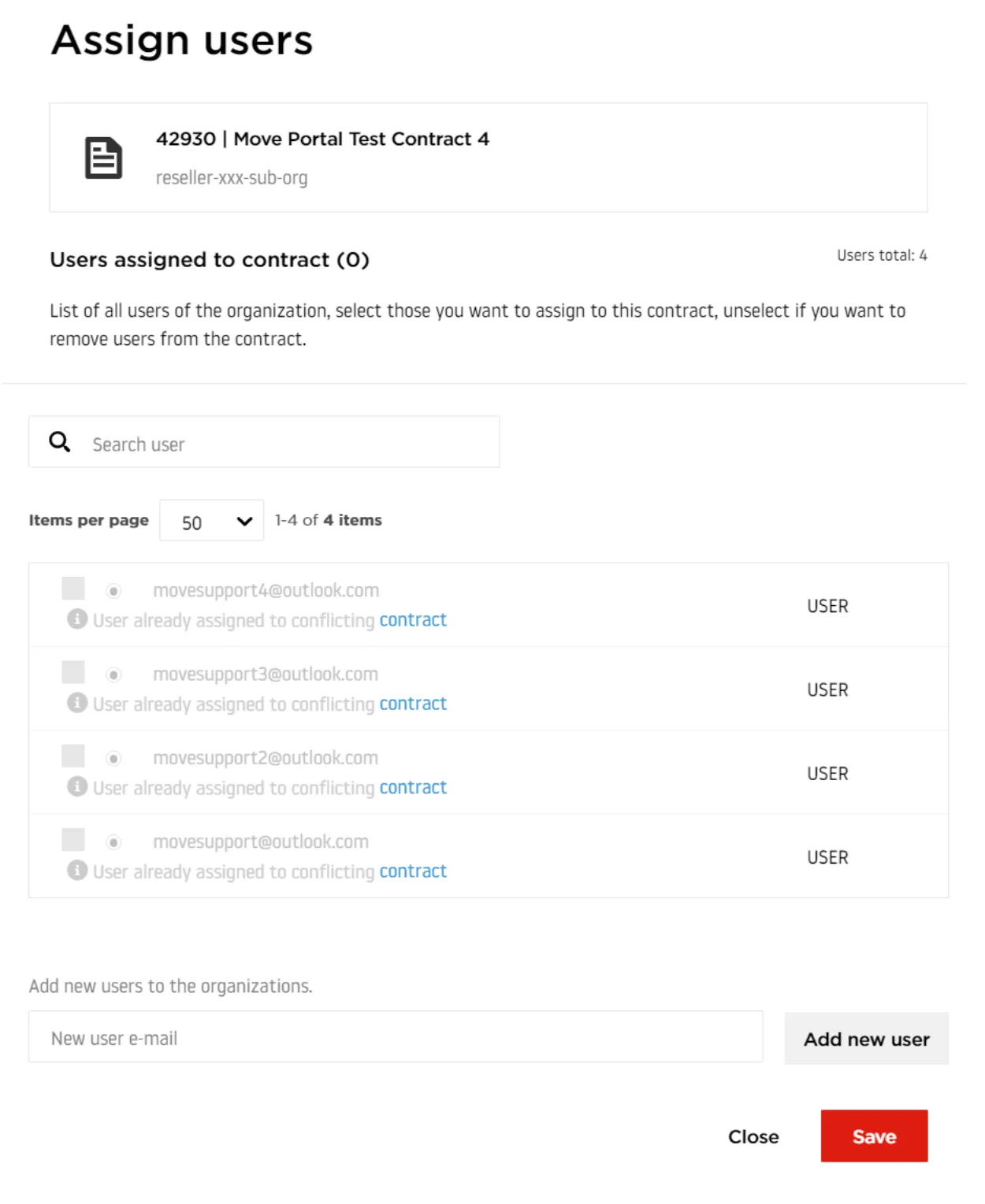 Assign users modal dialog showing search field with placeholder 'Search by email', list of selectable users with email addresses and checkboxes, and Save and Cancel buttons at bottom