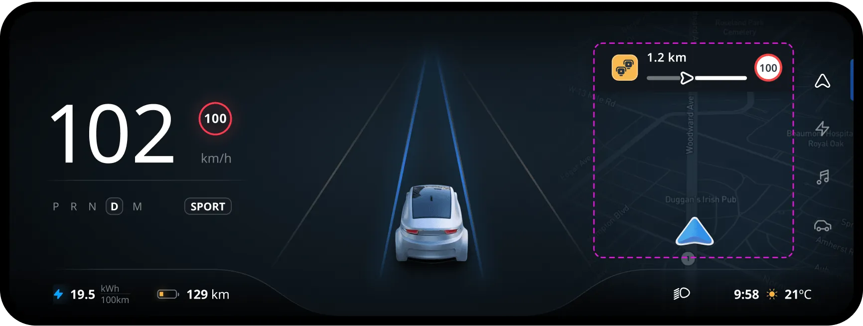 Free driving mode with both horizon panel and map marker