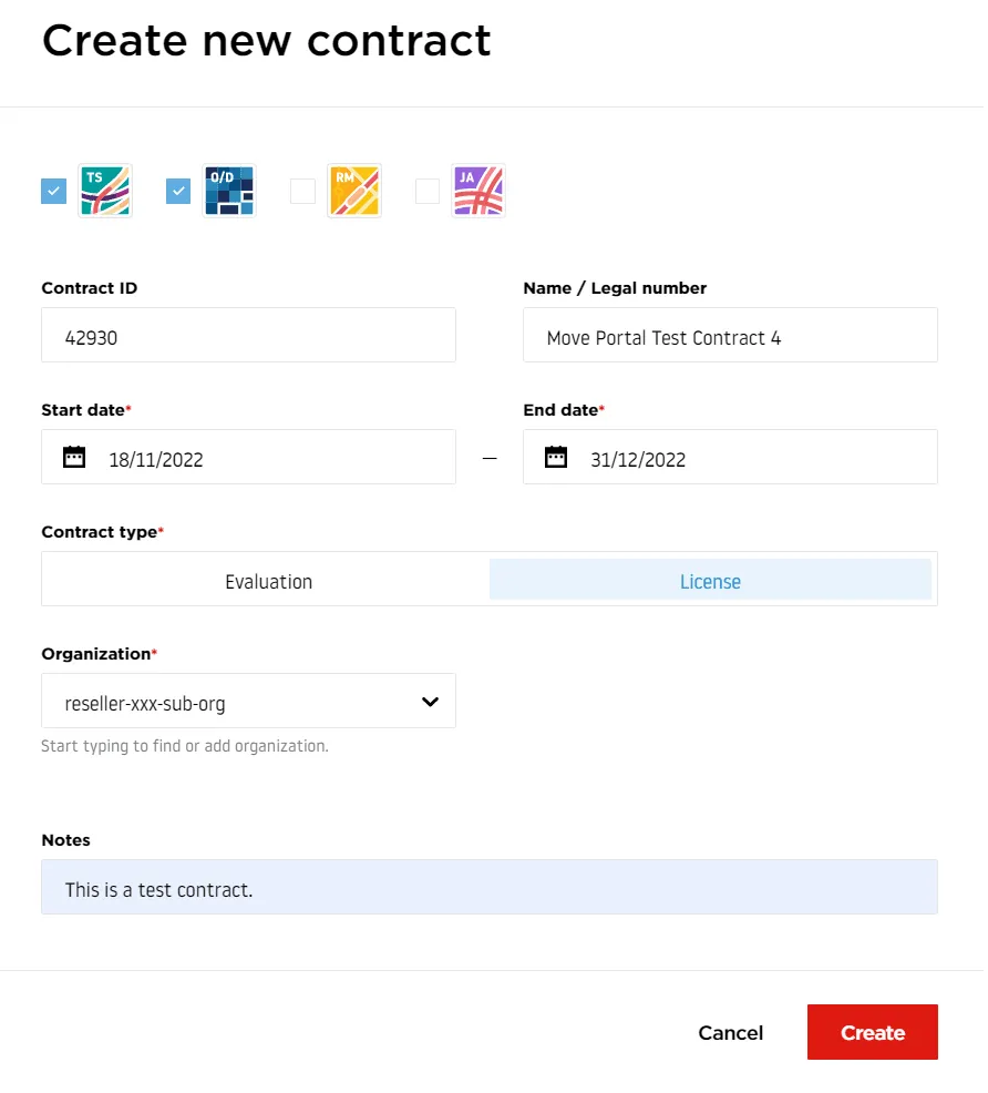 New contract form displaying fields for Contract ID, Name/legal number, Start date, End date, Contract type dropdown, Organization dropdown, and Notes text area with numbered labels 1-7