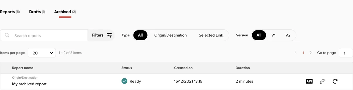 An archived analysis row with API info, share and restore action buttons revealed on hover