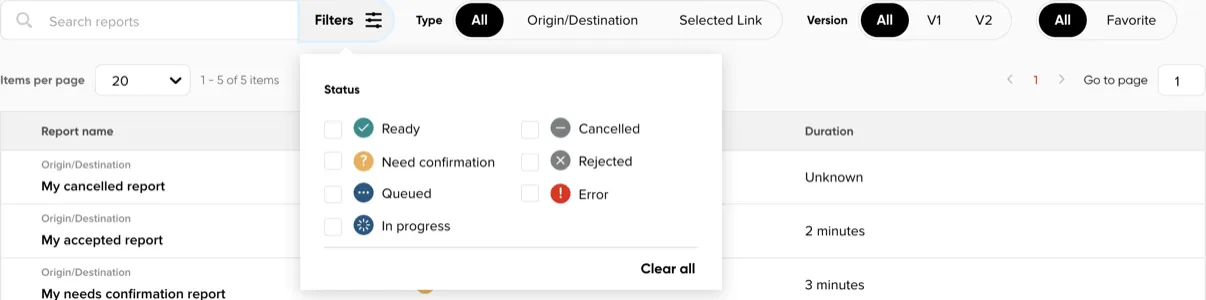 Filter row with a search box, a Filters button opening a Status checklist, Type and Version toggles, and a Favorite toggle