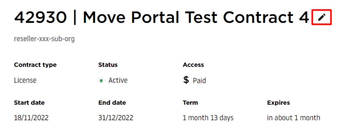 Contract header showing Test Contract name with pencil edit button, organization TomTom, and action buttons for Manage users, Edit, and three-dot menu