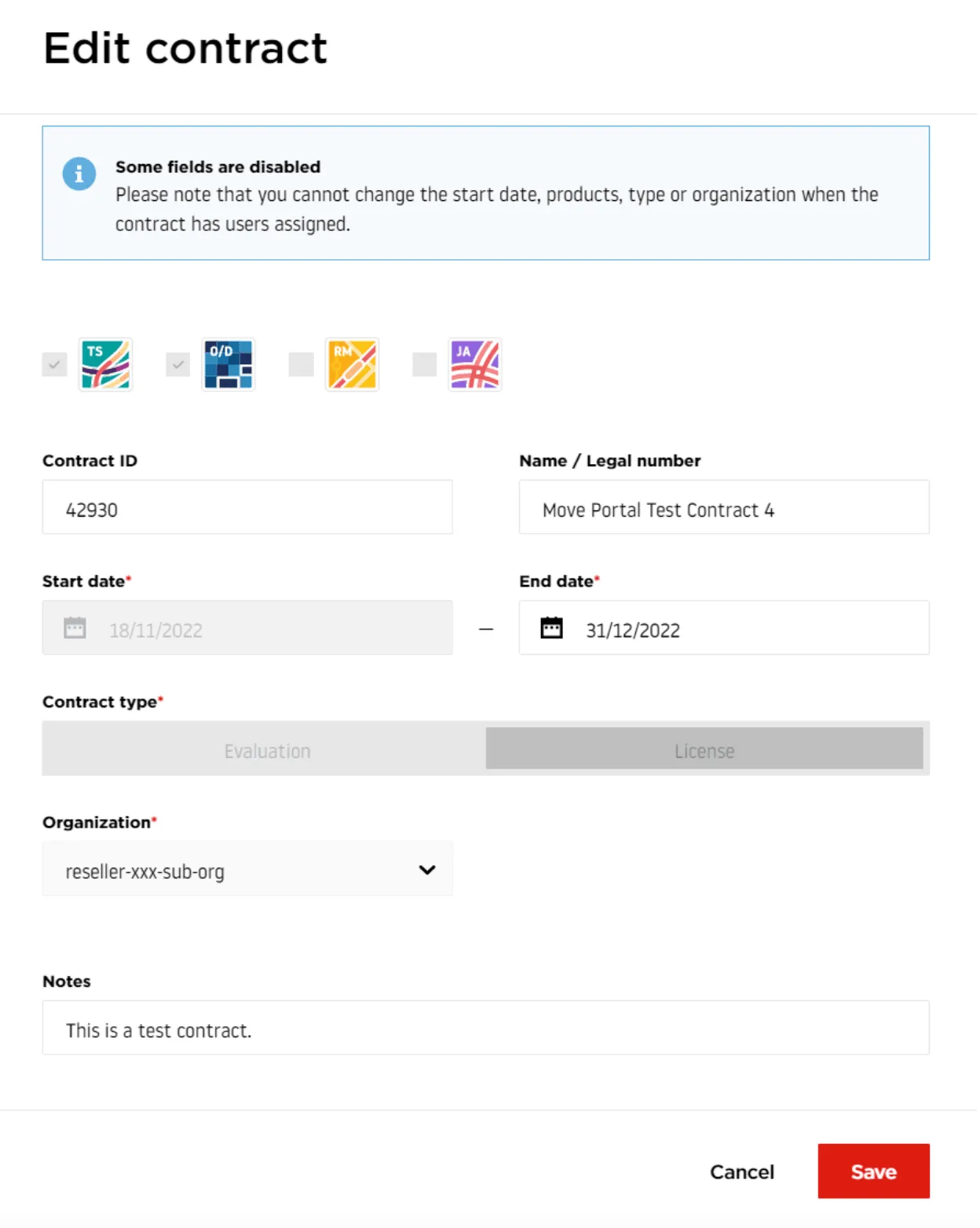 Edit contract modal dialog showing form fields for Contract ID, Name, Start date with calendar picker, End date with calendar picker, Contract type dropdown, Organization dropdown, and Notes textarea with Save and Cancel buttons