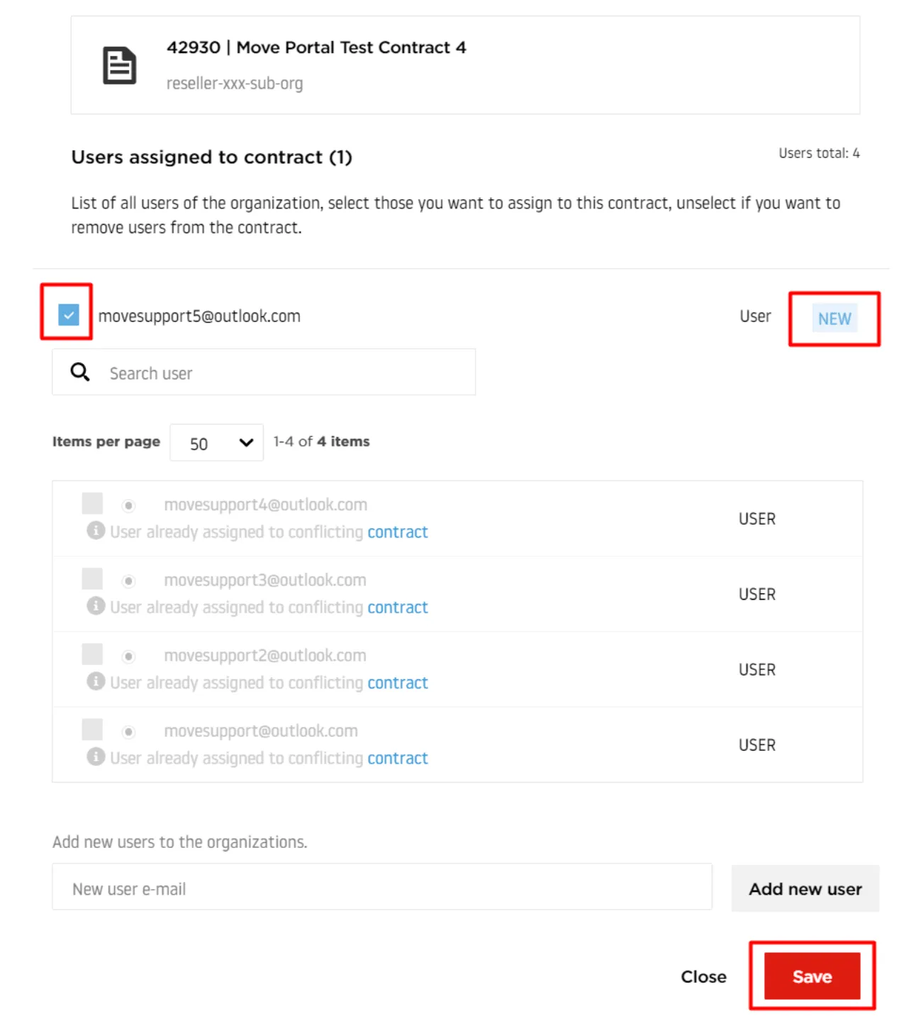 Assign users modal dialog showing newly added user 'user@example.com' with checkbox selected at top of list, above existing users section with Save and Cancel buttons