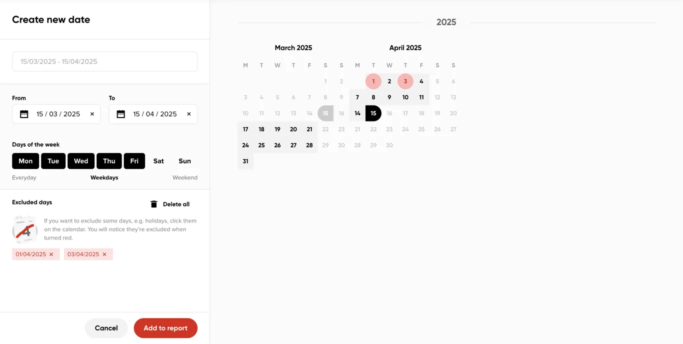 Creating a date range, with weekday exclusions selected