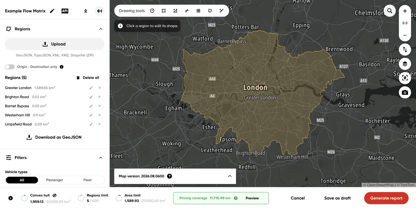 The Regions section with a list of added regions