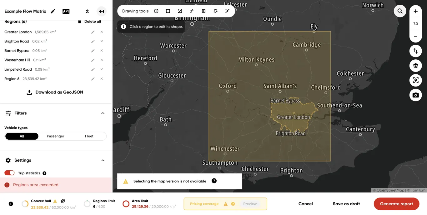 A validation banner shown after the drawn regions exceed the area limit