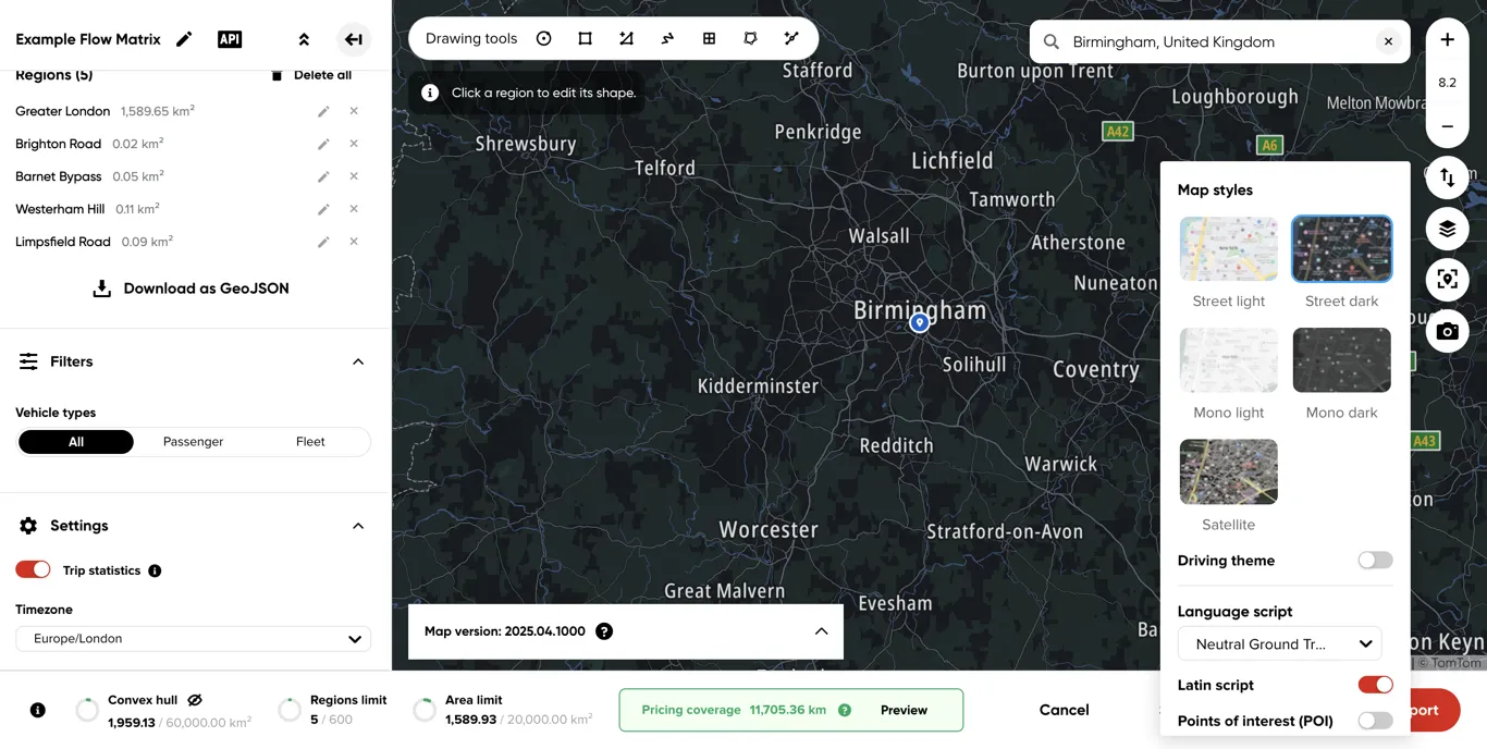 The map style menu, with Street dark selected