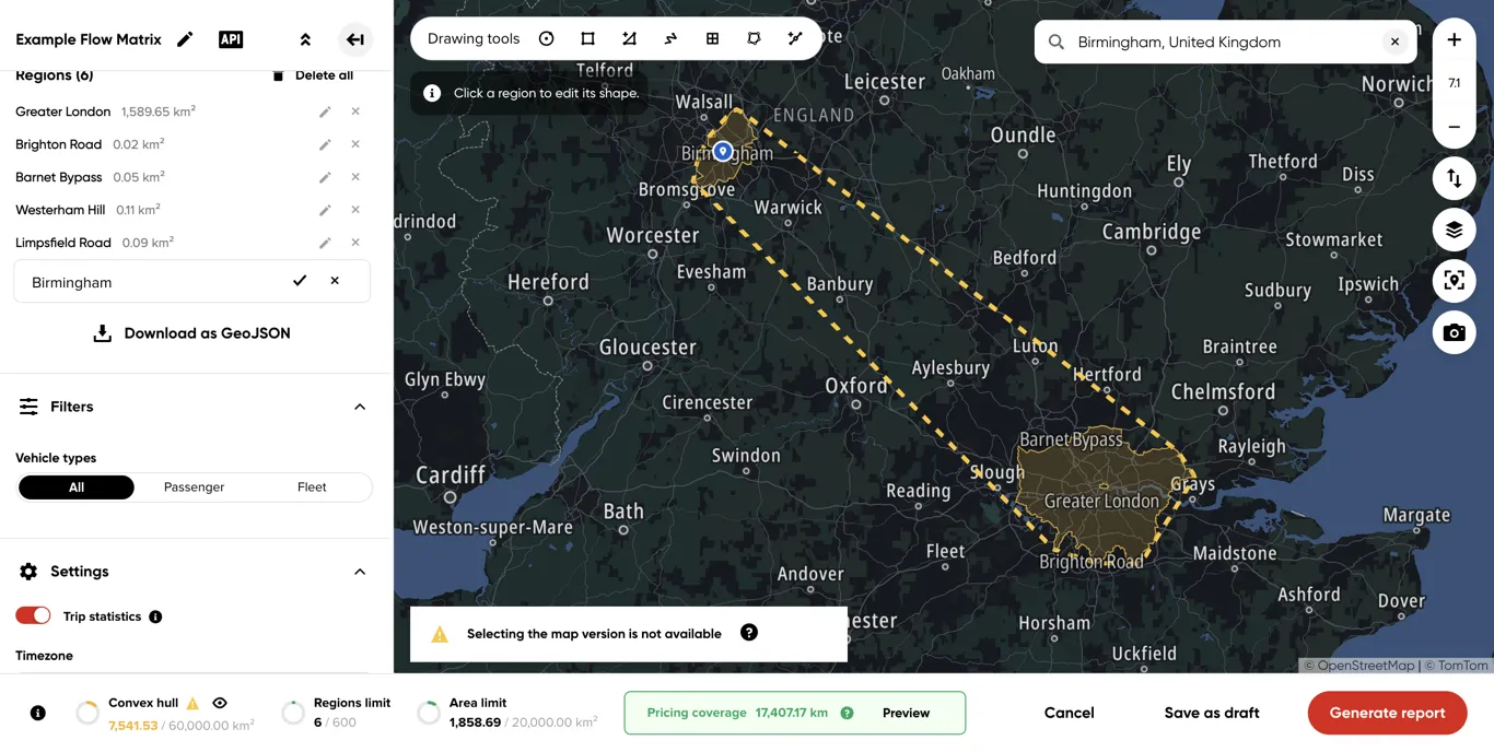 The map version selector disabled, with the convex hull boundary shown on the map