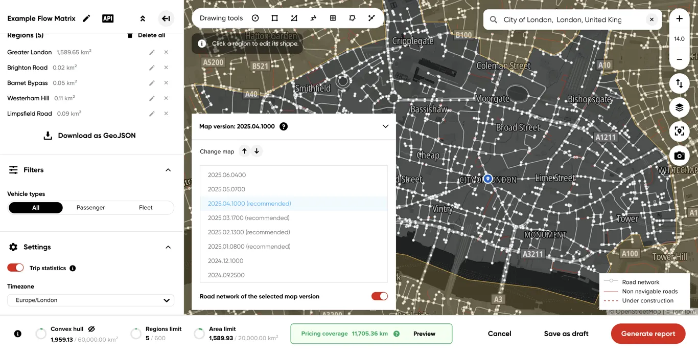 The expanded map version selector