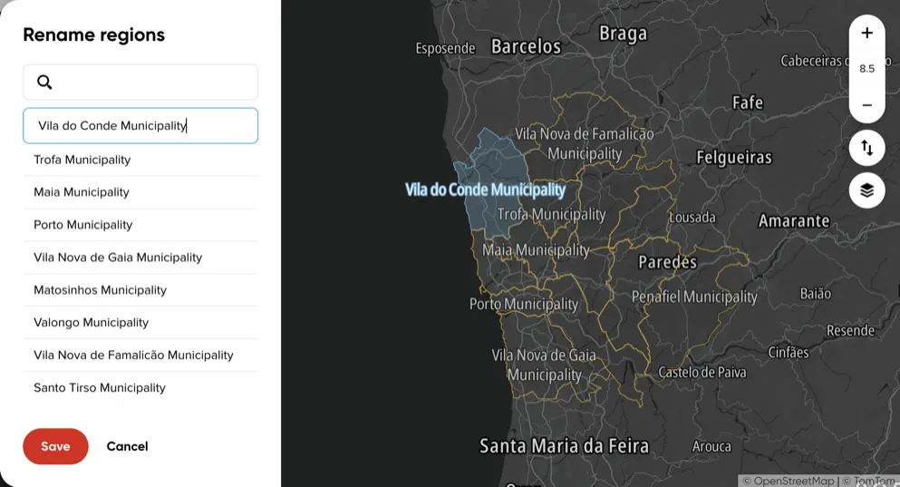 The Rename regions dialog, with one region's name turned into an editable input