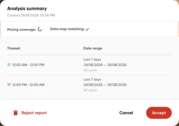 The summary dialog opened from the Status section, with actions to accept or reject the report
