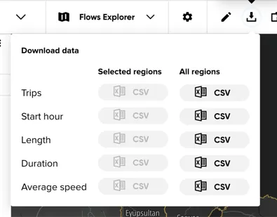 The Download results popup, with a row per data type and Selected regions / All regions CSV download columns