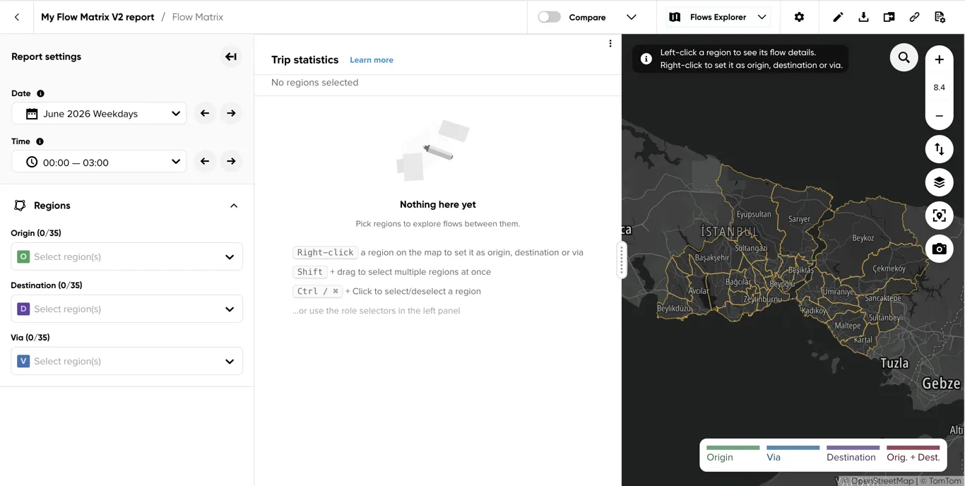 Flow Matrix V2 Flows Explorer visualization before any region has been selected, showing the region role selectors on the left and instructions for selecting regions on the map