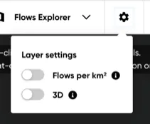 The Layer settings popover, with the Flows per km squared and 3D toggles