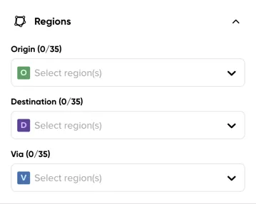 The Regions section, with Origin, Destination and Via selectors