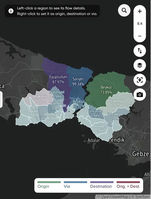 The map area, with regions colored by role: Origin, Via and Destination