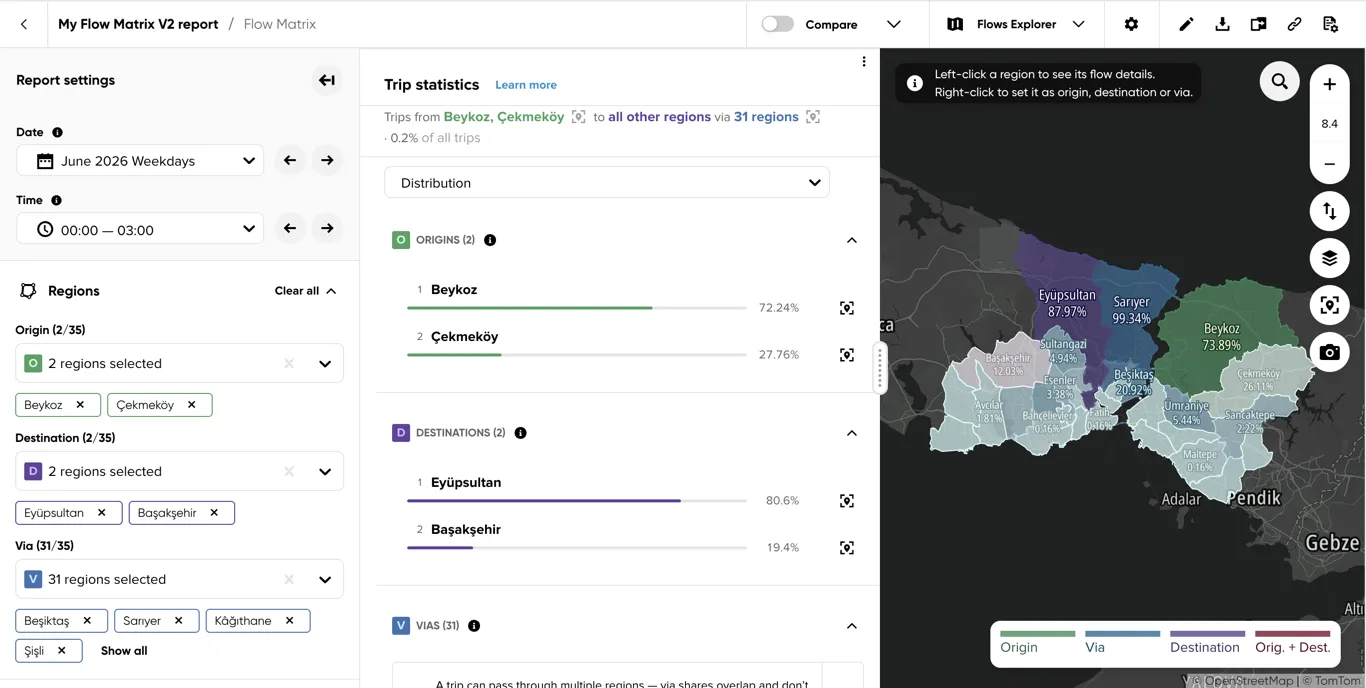 Flows Explorer with a few regions as origin, a few as destination, and the rest as via