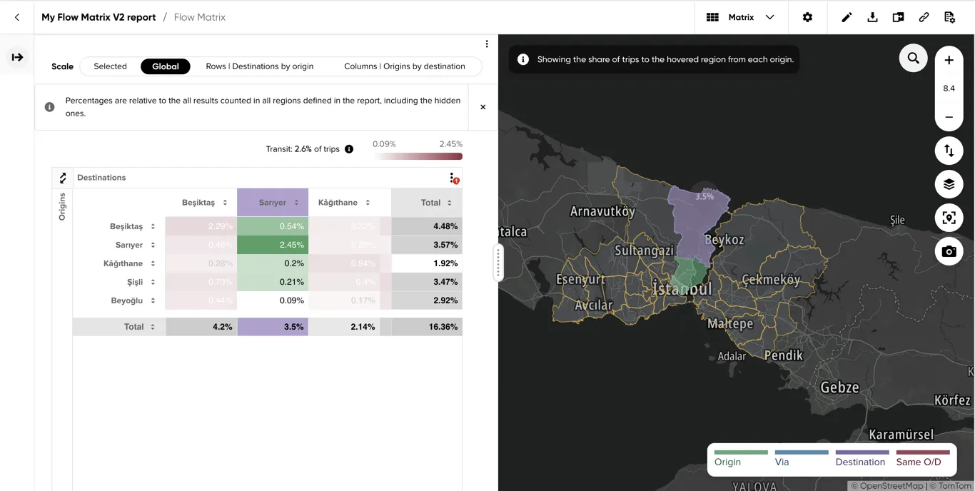Hovering a column header, highlighting the share of trips to that destination from each origin on the map