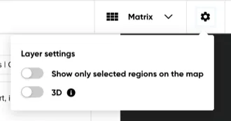 The Layer settings popover, with the Show only selected regions and 3D toggles
