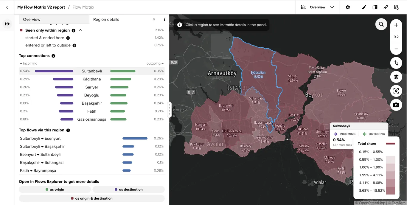 Hovering a Top connections row, highlighting the partner region on the map with its incoming and outgoing share