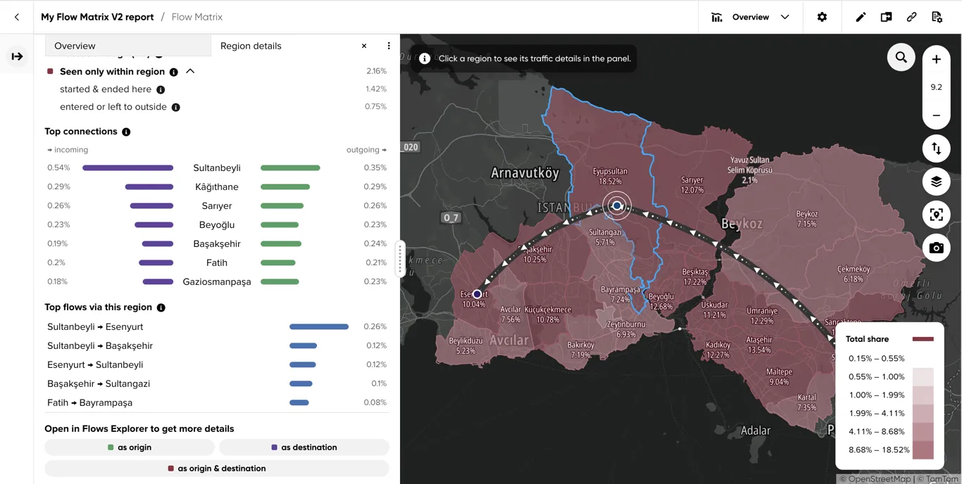 Hovering a Top flows via this region row, animating the flow between its origin and destination on the map