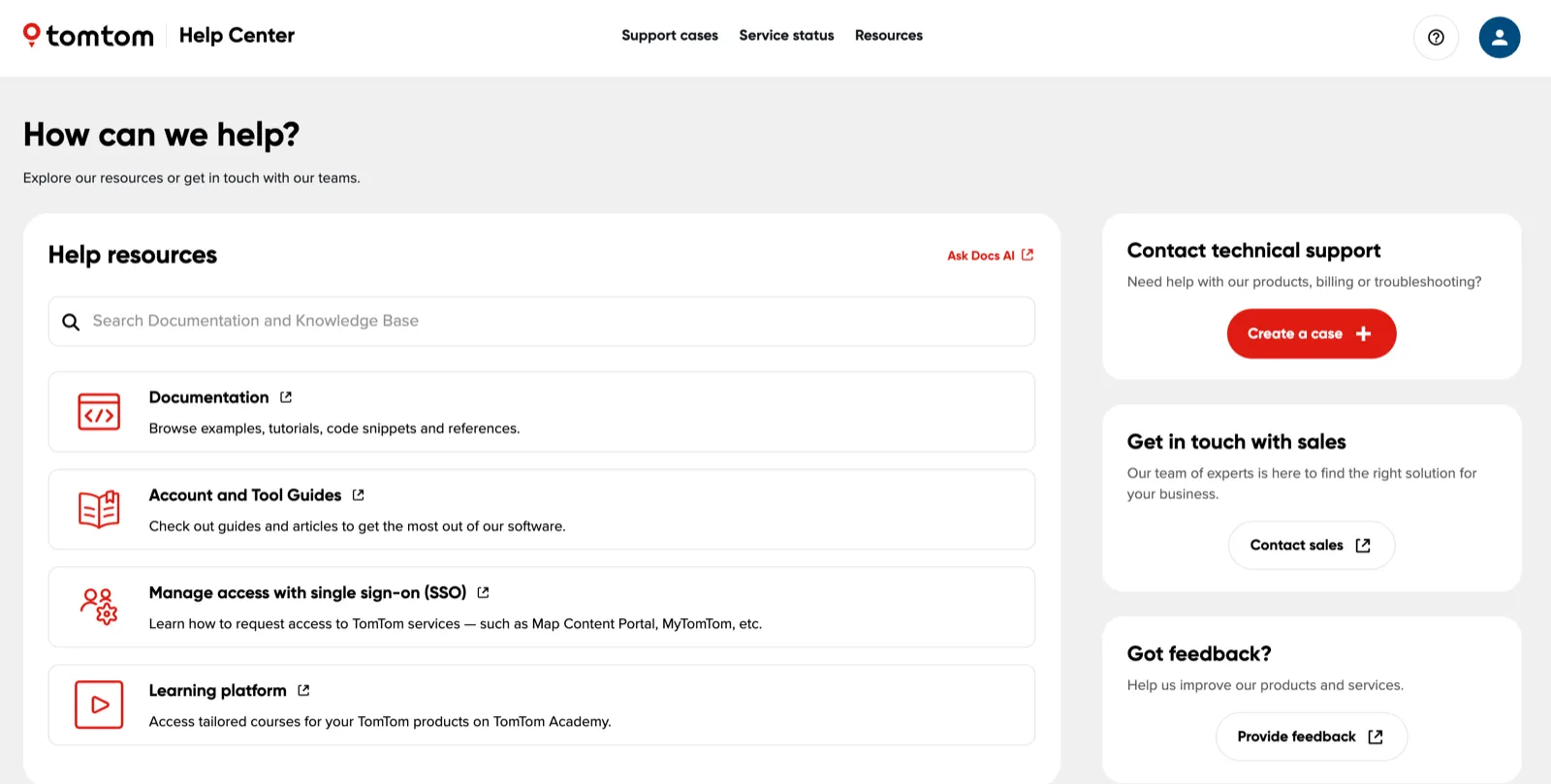 The TomTom Help Center home page