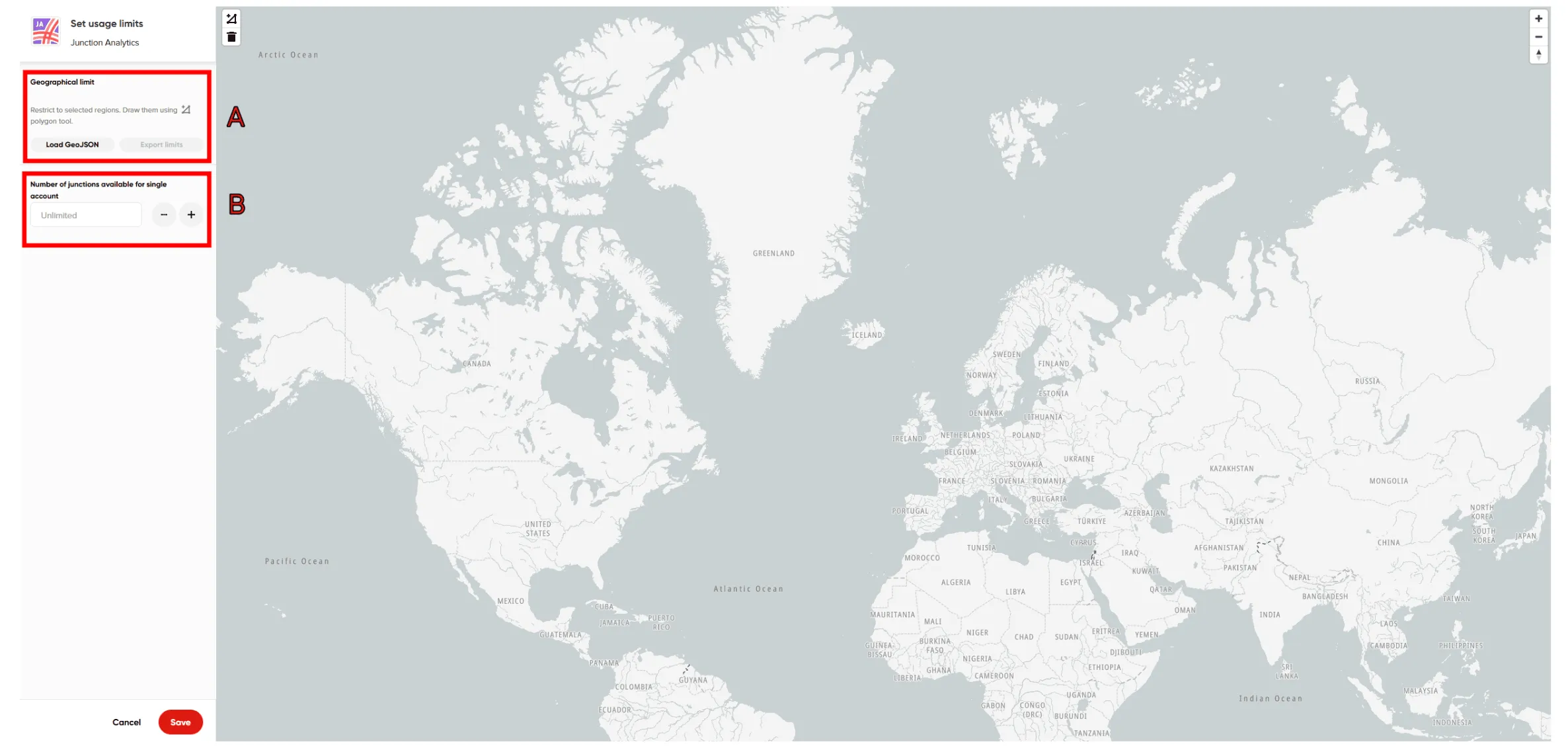 Junction Analytics limits configuration form showing field for Number of junctions per account (set to Unlimited) and Geographical limit section with Upload file and Draw polygon options