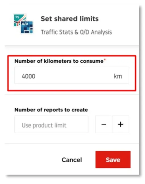 Add TS + OD package modal dialog with input field for Number of kilometers to consume showing value 4000 and explanatory text about shared consumption limits