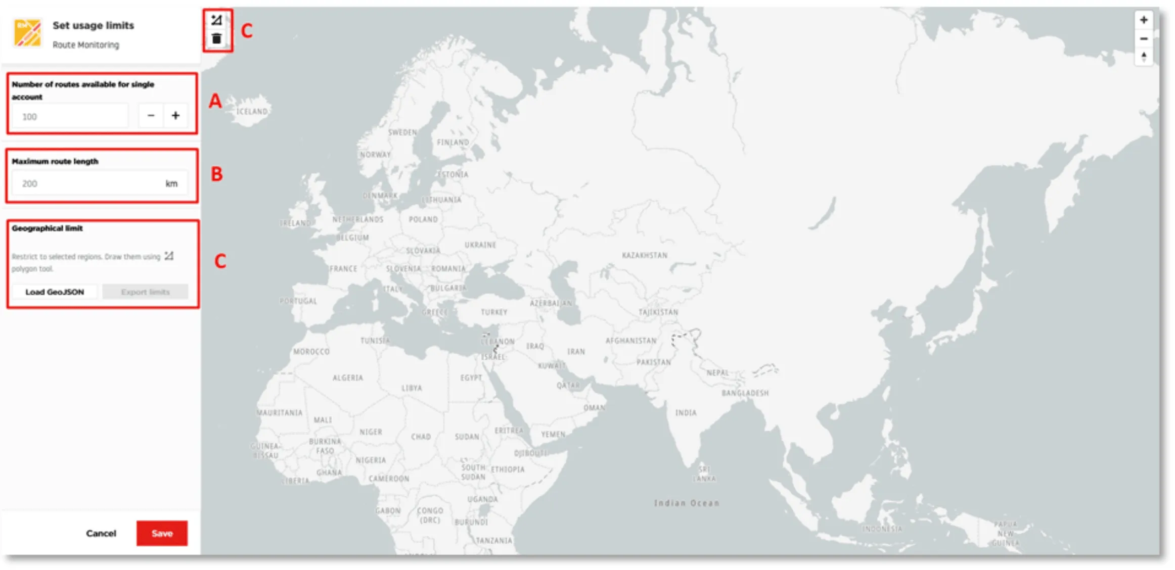 Route Monitoring limits configuration form showing fields for Number of routes (set to 3), Maximum route length in kilometers (set to 200), and Geographical limit section with Upload file and Draw polygon options