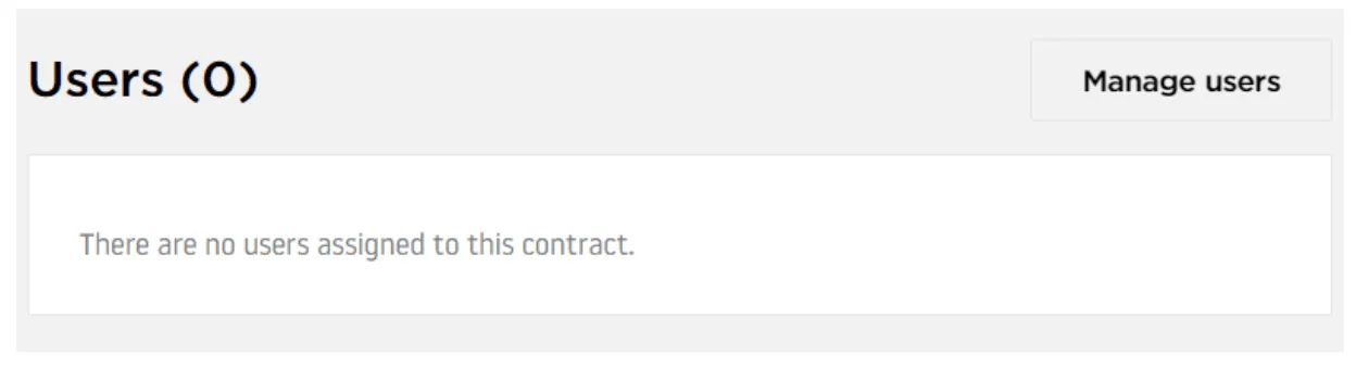 Contract users management page showing Test Contract header with Manage users button, empty users list with columns for Name, Email, and Actions, and Assign users button at bottom