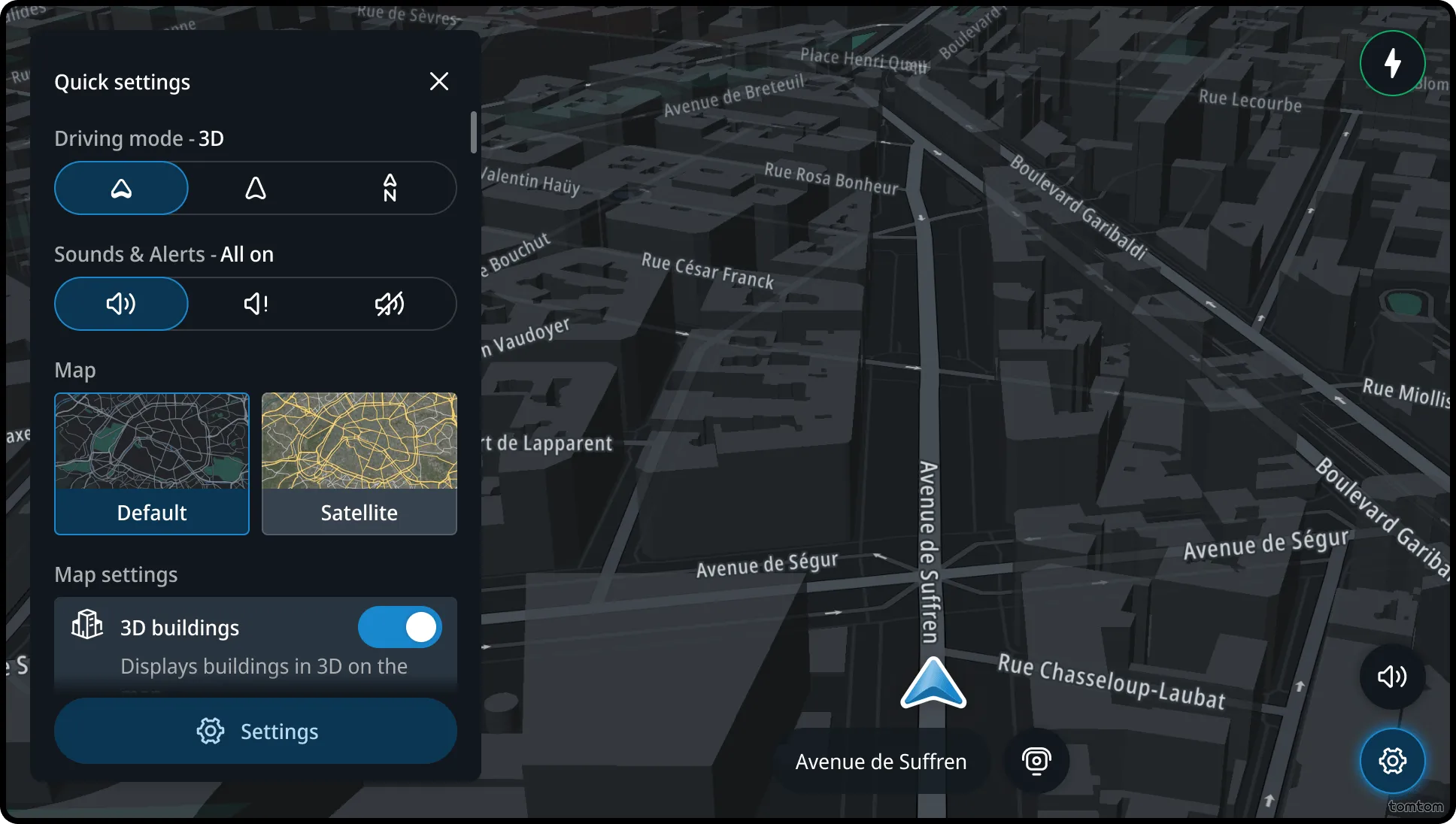 Quick settings panel showing map view selector