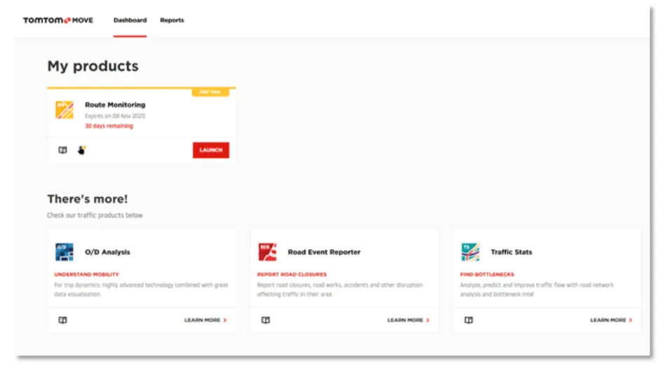 Move My Products page showing grid of accessible product tiles including Route Monitoring, Junction Analytics, O/D Analysis, Traffic Stats, and Area Analytics with usage statistics displayed on each tile