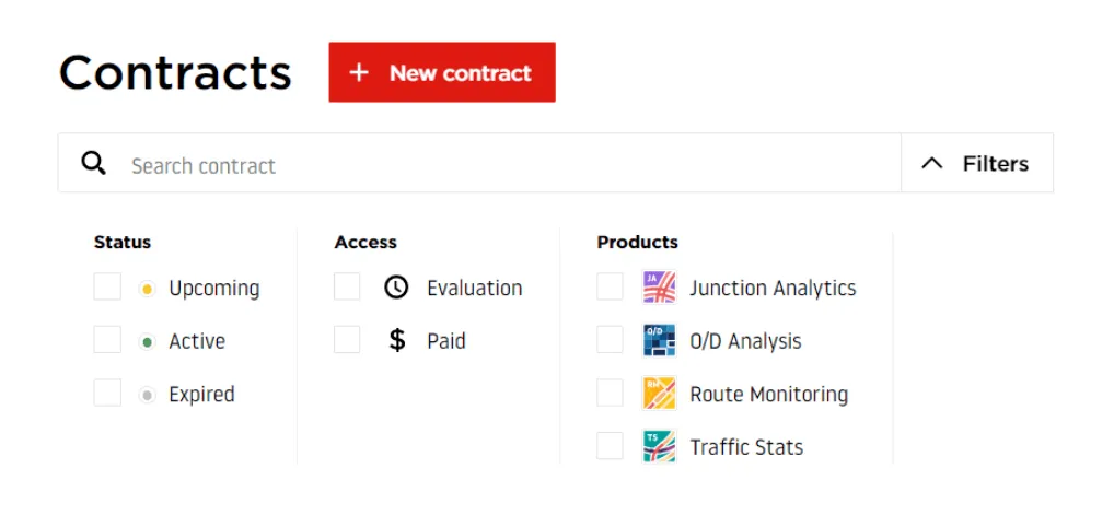 Contracts list page with New contract button displayed in the upper-left corner above the contracts table