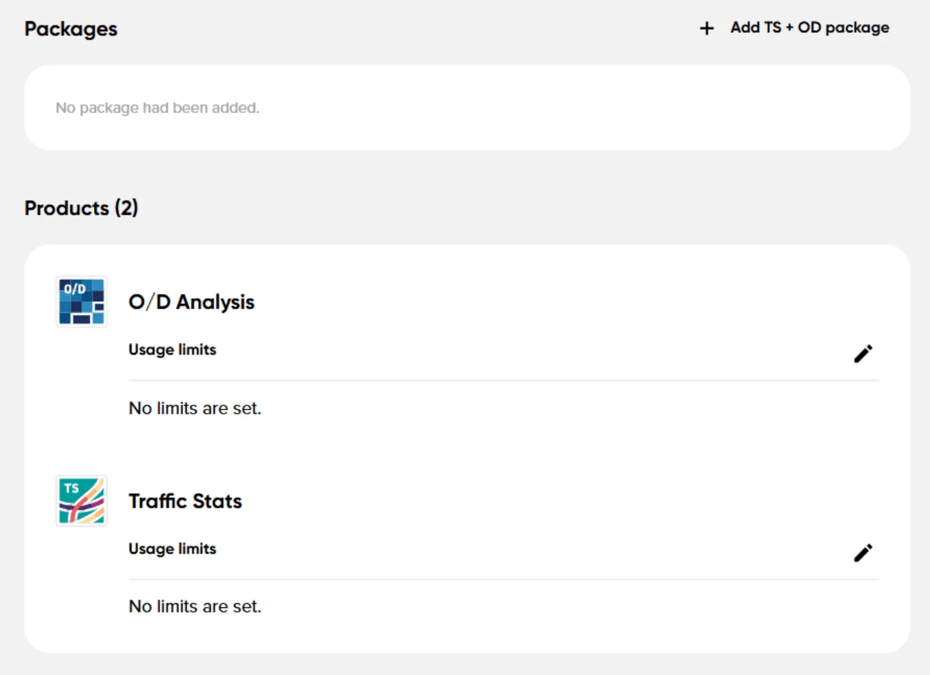 Contract packages section showing Add TS + OD package button above expandable product panels for Route Monitoring, Junction Analytics, O/D Analysis, Traffic Stats, and Area Analytics
