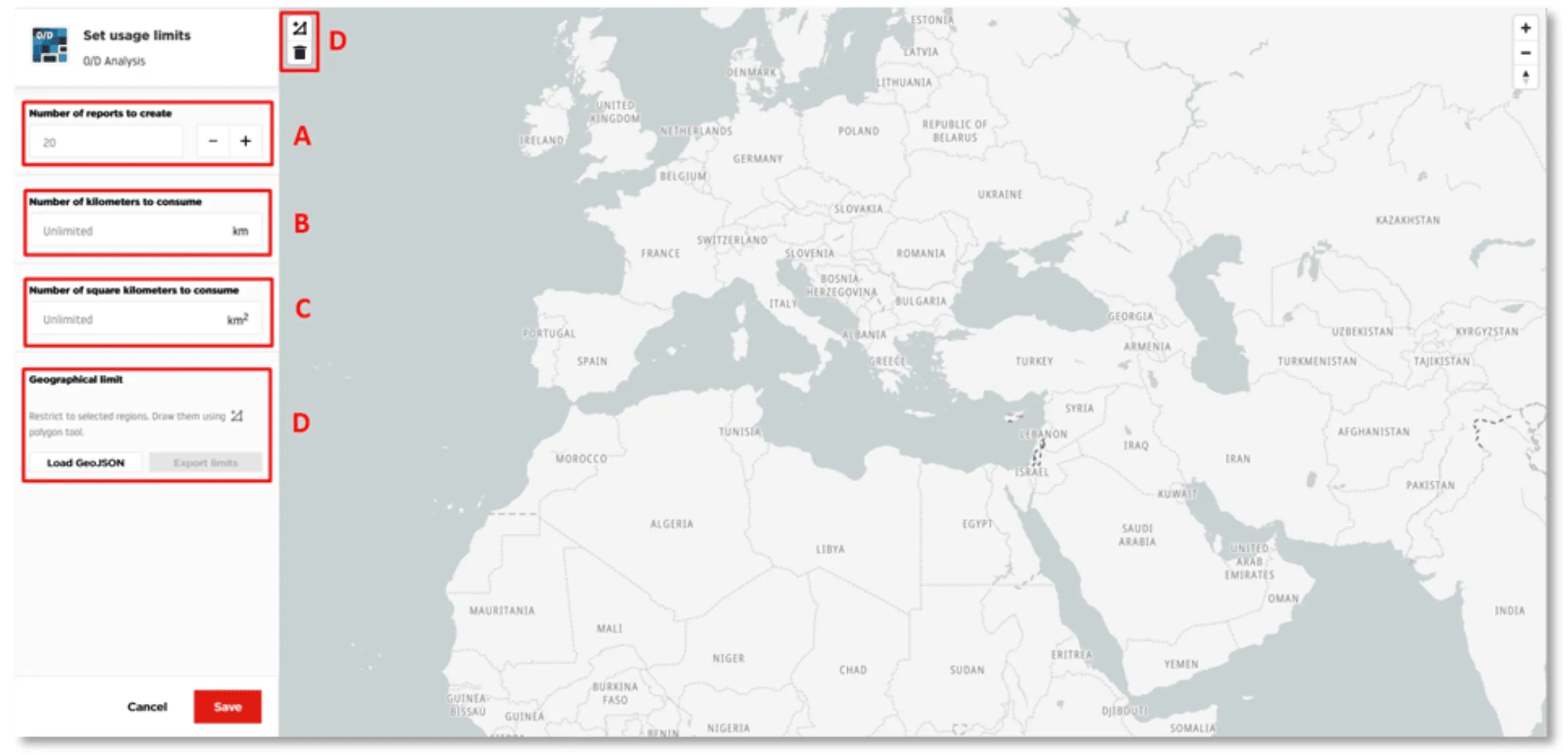 O/D Analysis limits configuration form showing fields for Number of reports to create (set to 3), Number of kilometers to consume (unlimited), Number of square kilometers to consume (set to 15000), and Geographical limit section