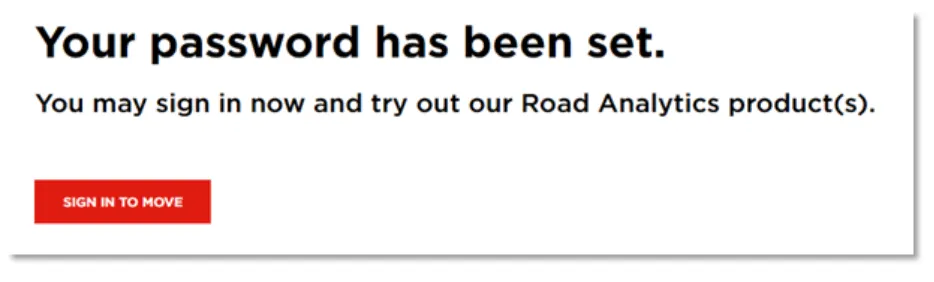 Success message page with checkmark icon displaying 'Your password has been set' text and 'Sign in' button below