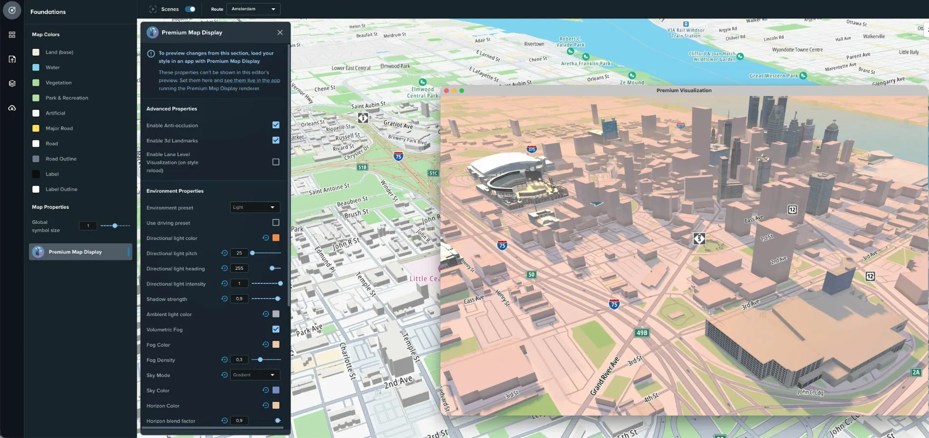 Map Maker Premium Map Display panel with environment properties such as directional light, fog and sky, next to an app running the Premium Map Display renderer that shows 3D buildings and landmarks in Detroit with the edited lighting and fog