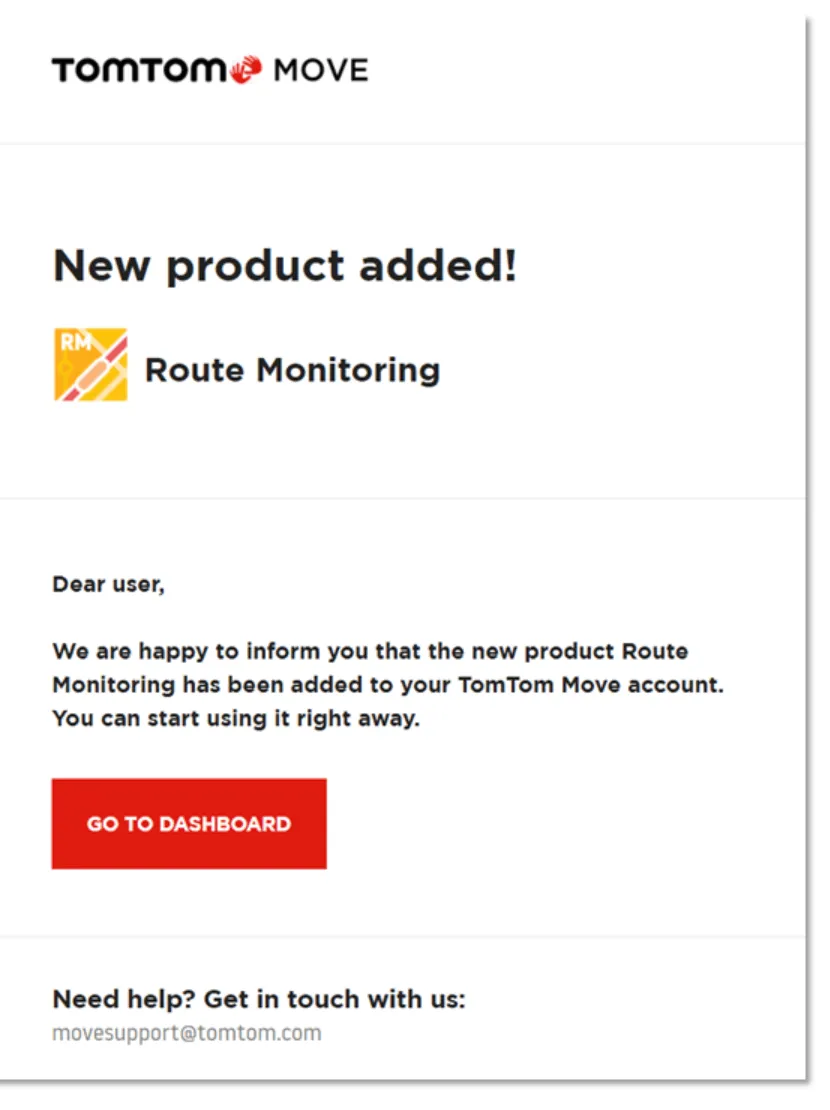 Email notification with TomTom logo showing access granted message for Traffic Stats product with list of features and 'Go to Traffic Stats' button