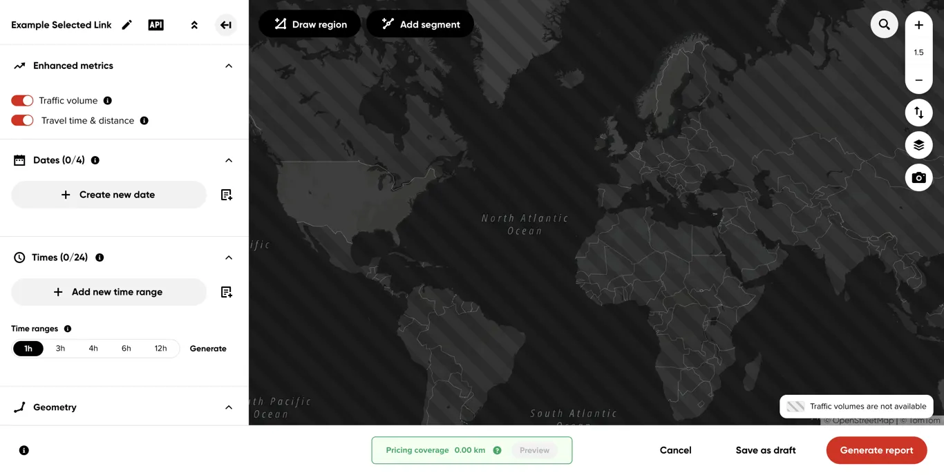 Traffic volume enabled, with the striped overlay marking areas without volume coverage