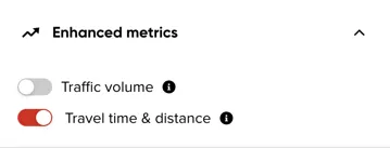The Enhanced metrics section, with Travel time & distance enabled by default