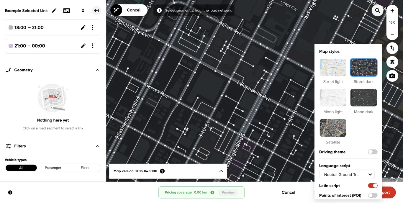 The map style menu, with Street dark selected