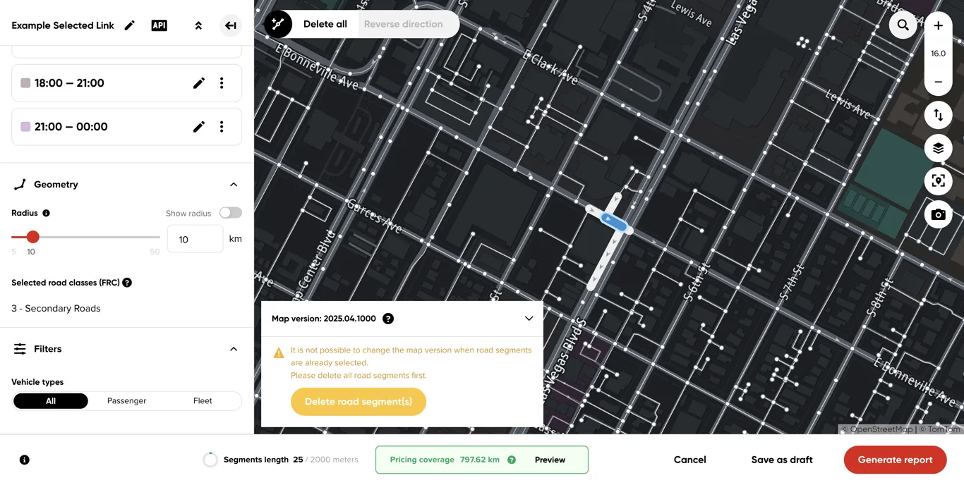 The map version selector, disabled after a segment is selected