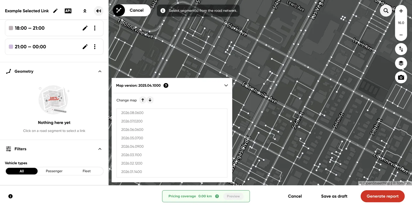 The map version selector, still available before a segment is selected