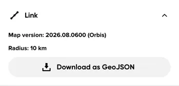 The expanded Link section, showing the map version, radius, and GeoJSON download